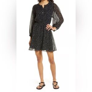 Madewell Ruffle Neck Button Front Mini Dress in Dotted Vines Pattern Long Sleeve